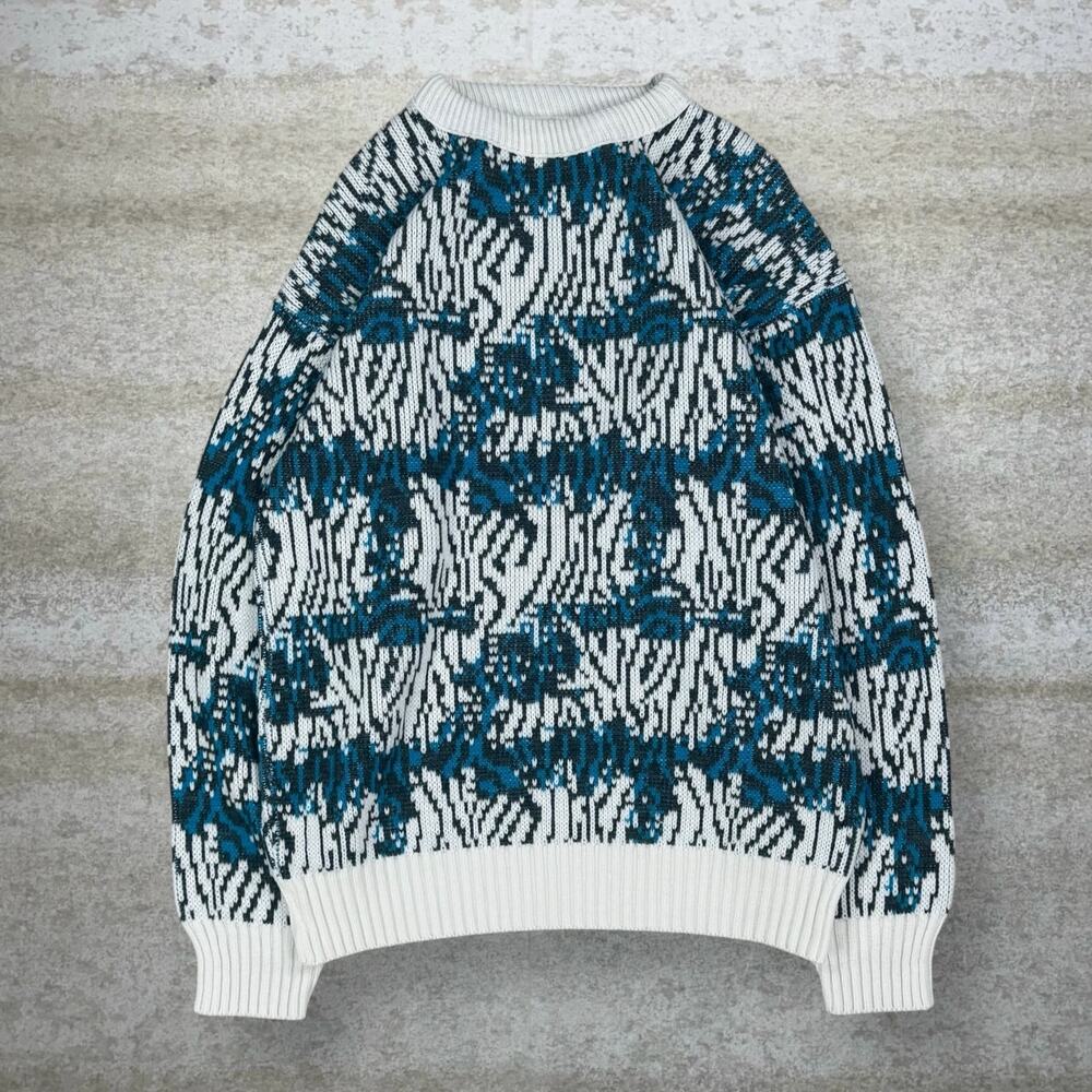 Vintage 90s Sweater Mens L White Blue Made in USA 100% Acrylic Crewneck Pullover